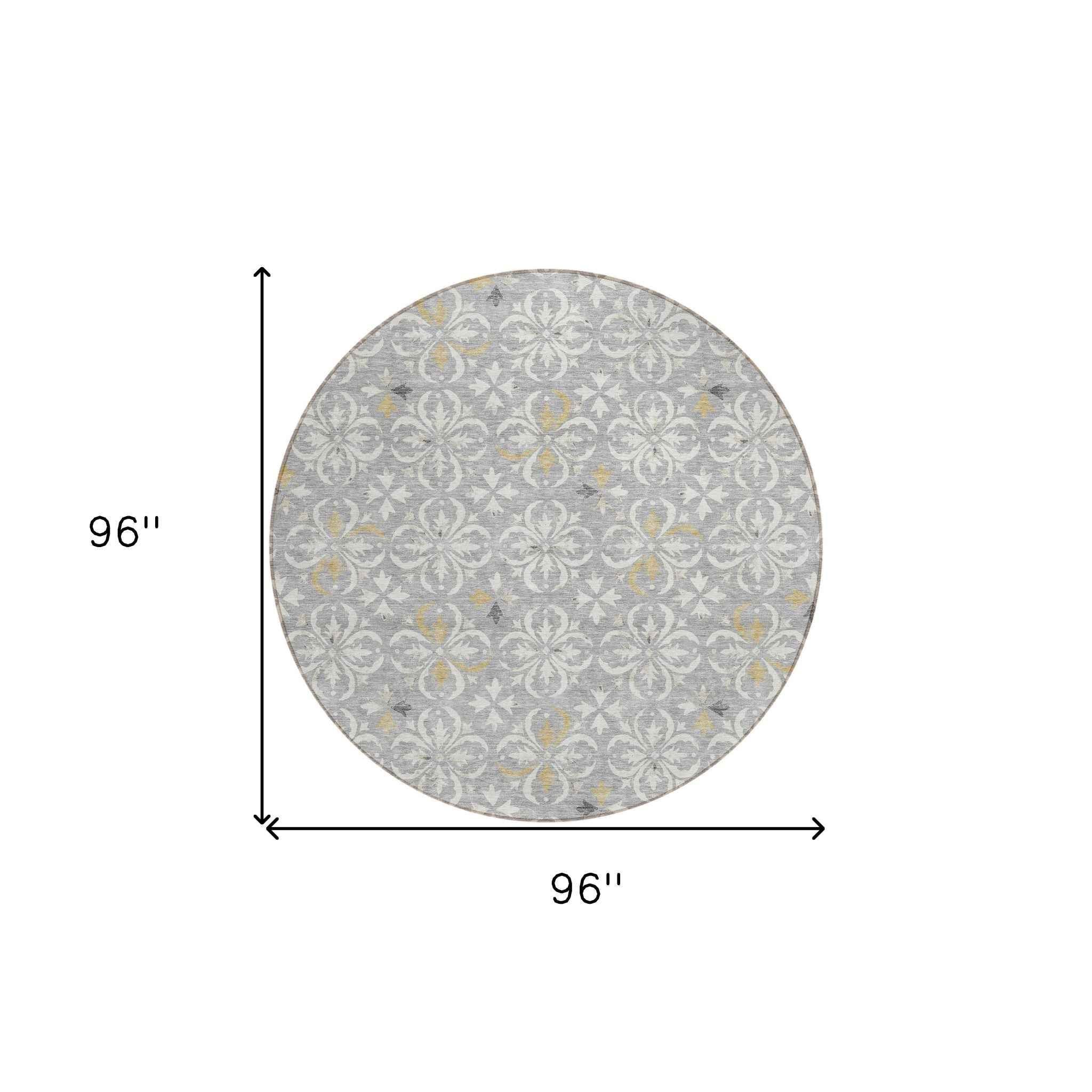 8' Gray Ivory And Brown Round Floral Washable Indoor Outdoor Area Rug