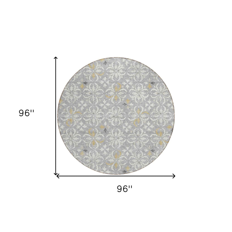 8' Gray Ivory And Brown Round Floral Washable Indoor Outdoor Area Rug