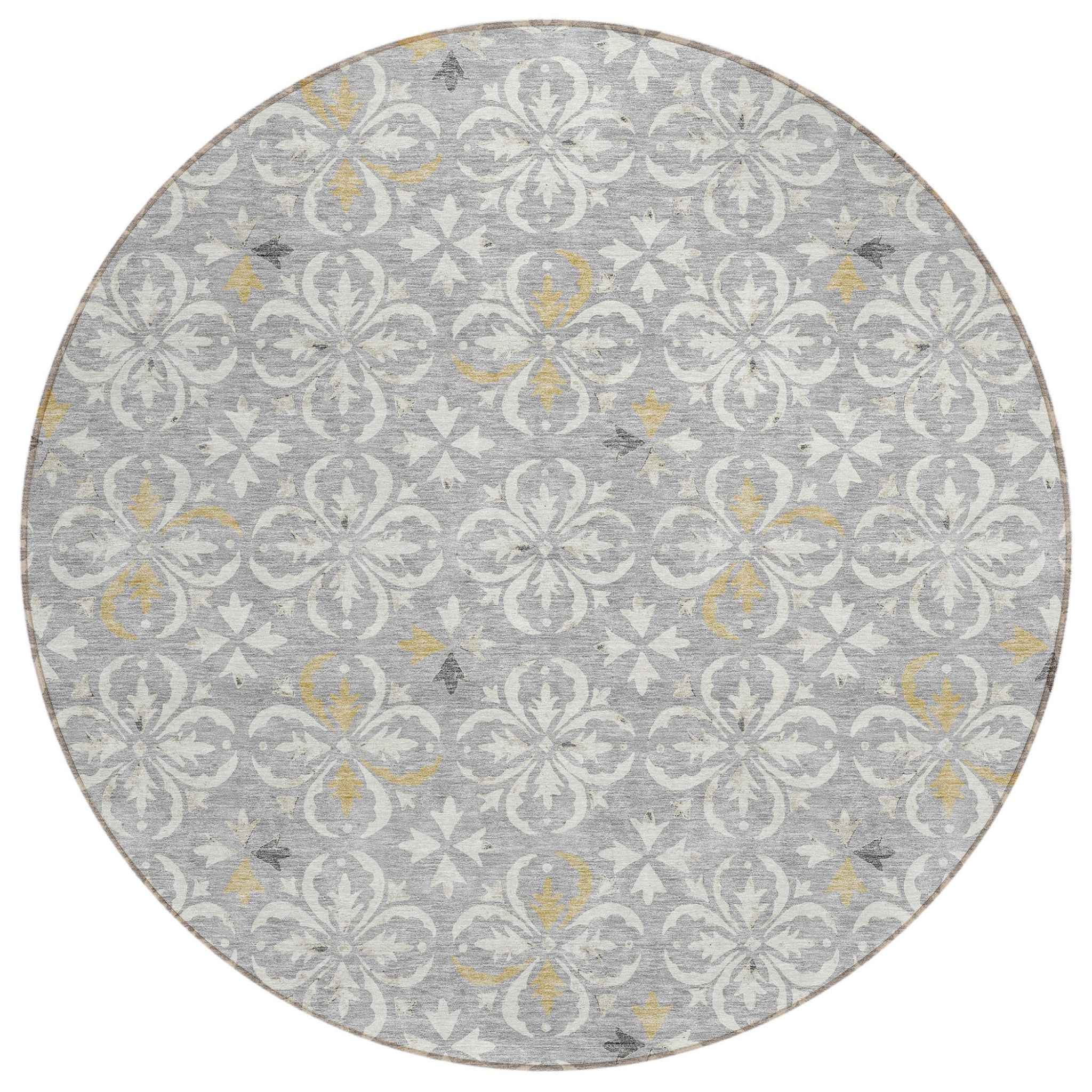 8' Gray Ivory And Brown Round Floral Washable Indoor Outdoor Area Rug