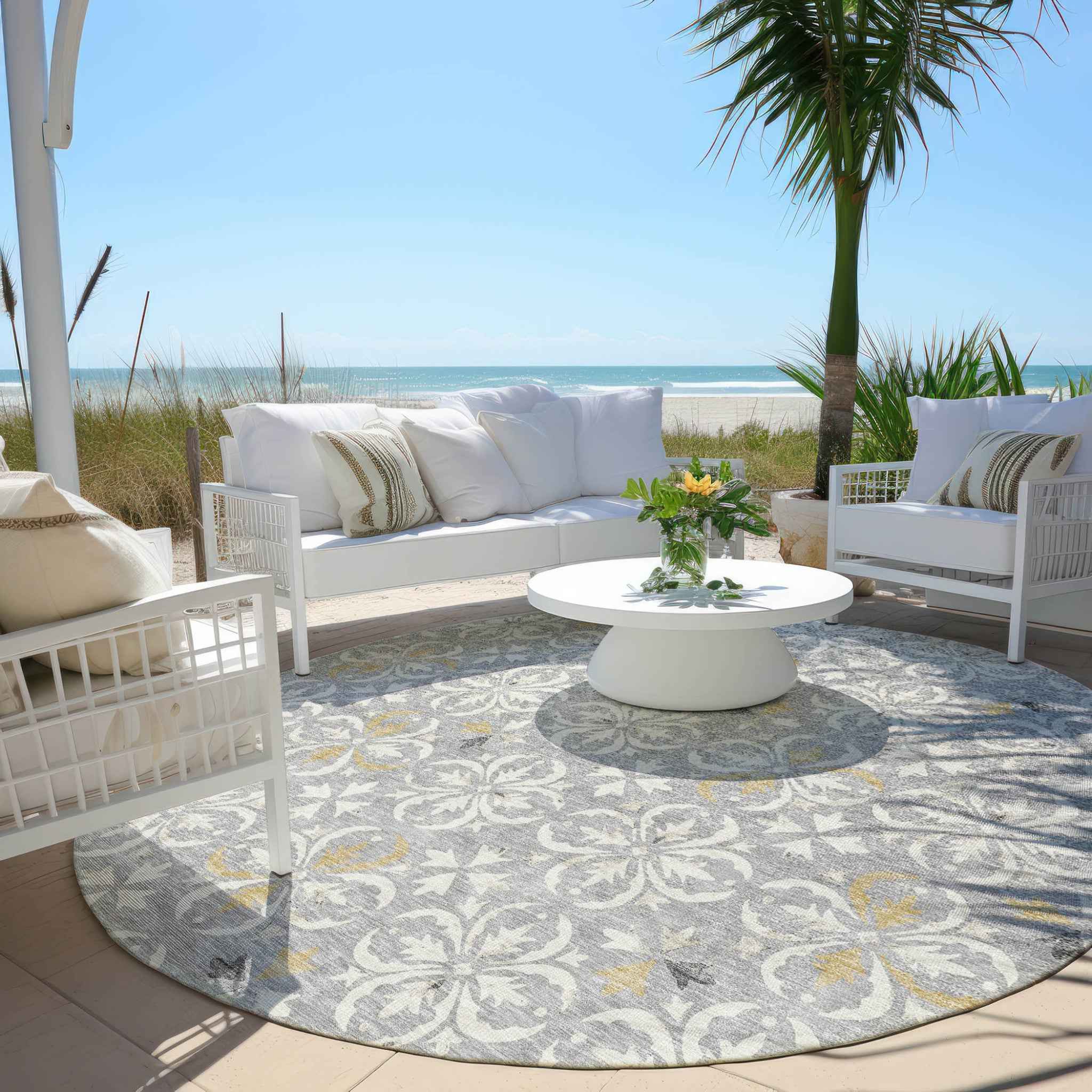 8' Gray Ivory And Brown Round Floral Washable Indoor Outdoor Area Rug