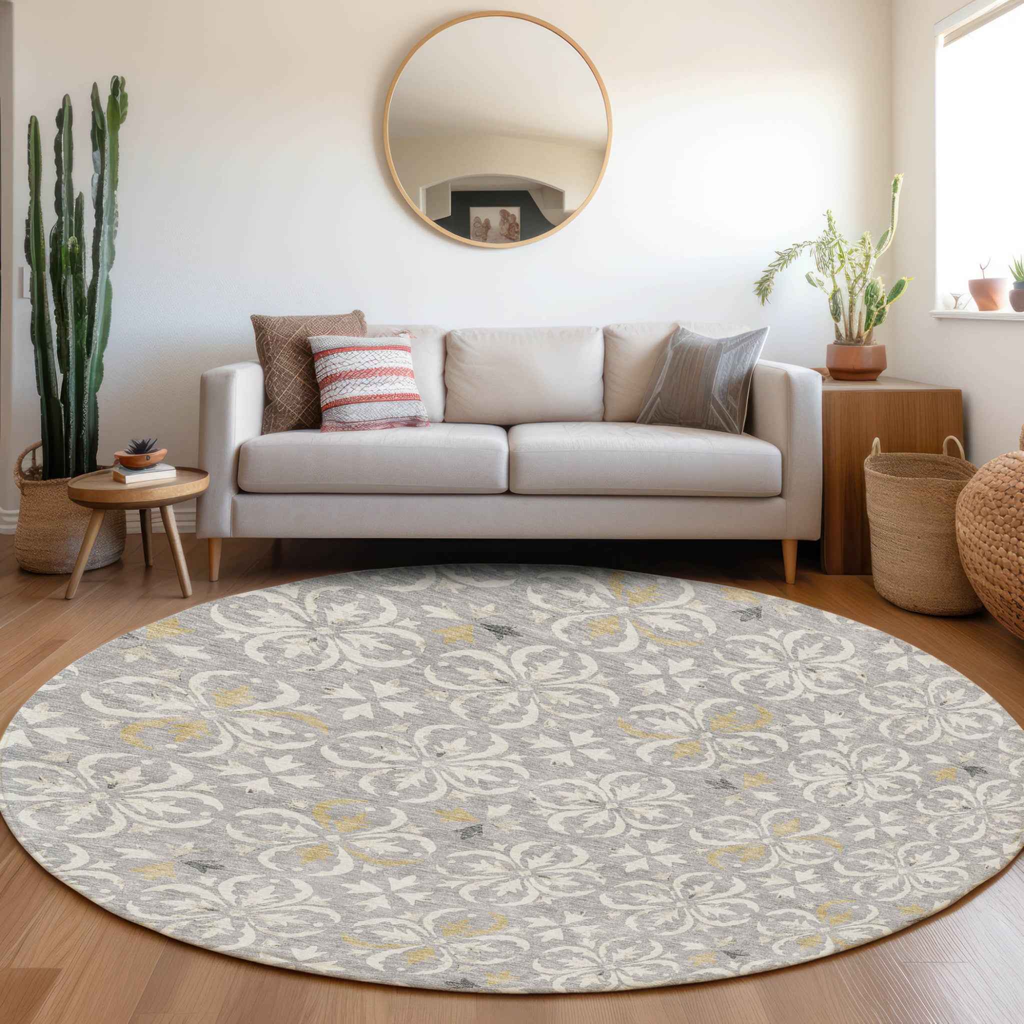 8' Gray Ivory And Brown Round Floral Washable Indoor Outdoor Area Rug