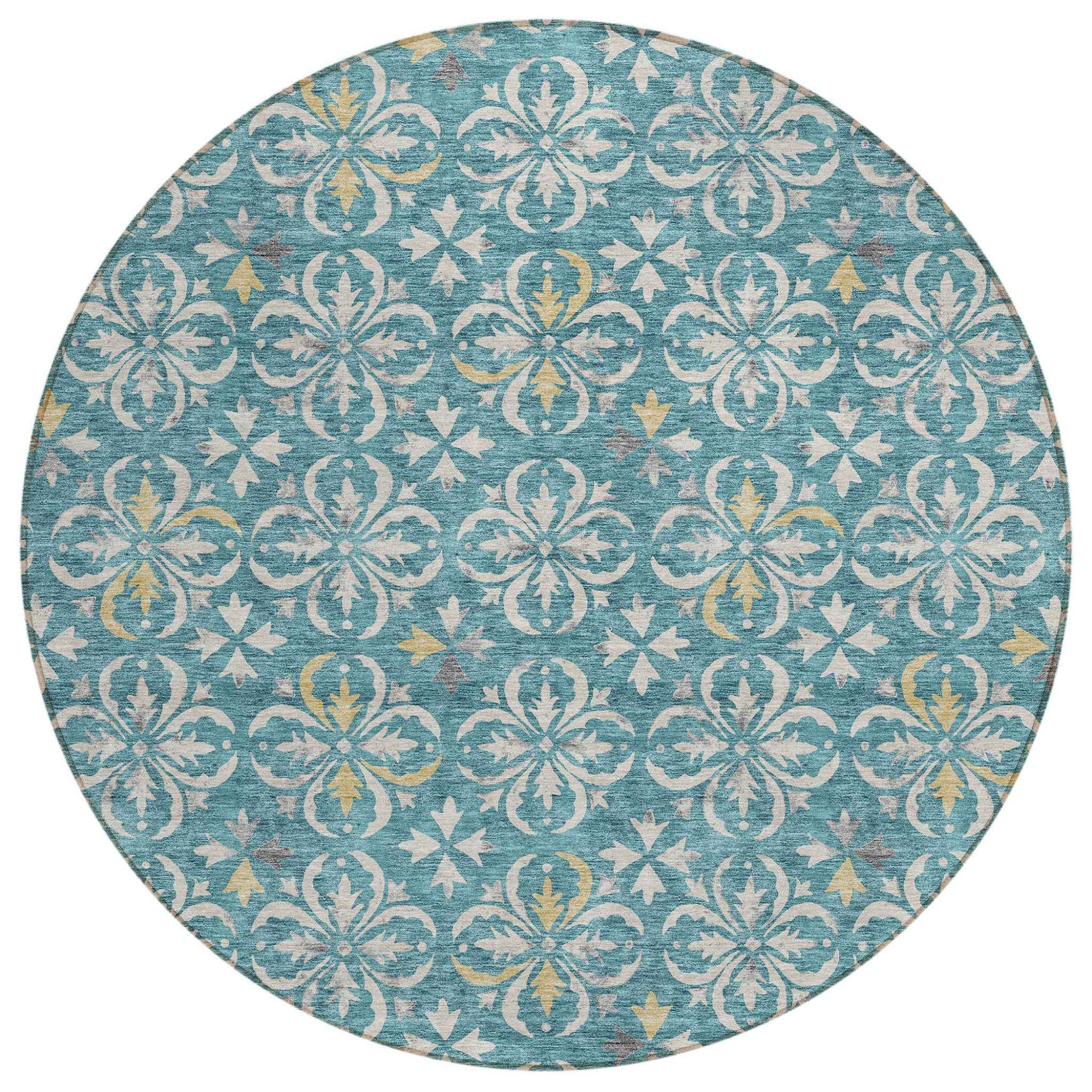 8' Teal Blue Gray And Gold Round Floral Washable Indoor Outdoor Area Rug