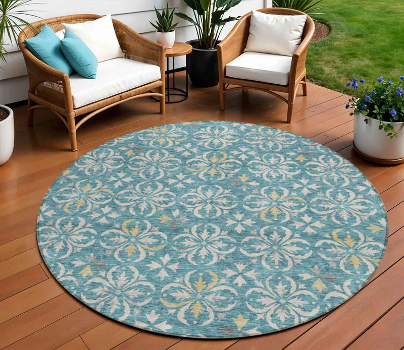 8' Teal Blue Gray And Gold Round Floral Washable Indoor Outdoor Area Rug