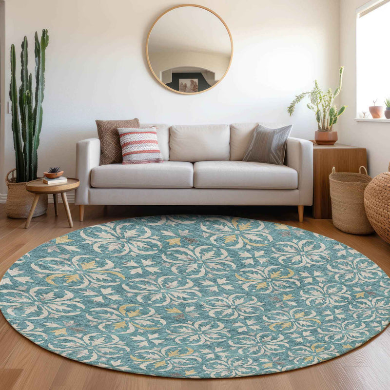 8' Teal Blue Gray And Gold Round Floral Washable Indoor Outdoor Area Rug