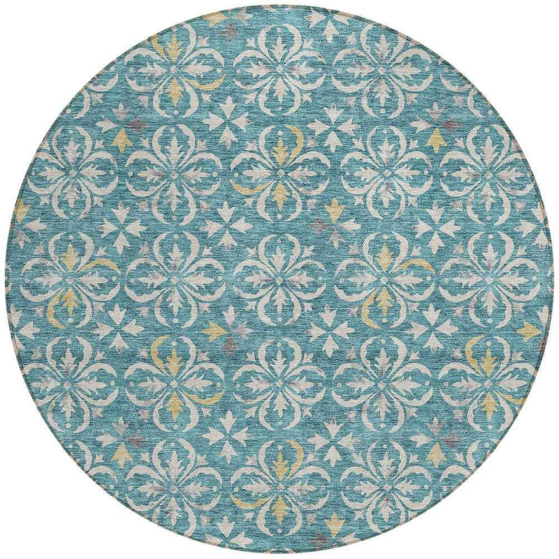 8' Teal Blue Gray And Gold Round Floral Washable Indoor Outdoor Area Rug