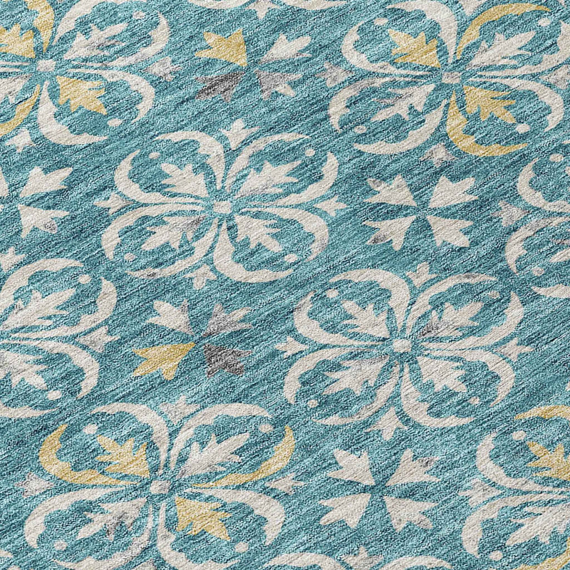 8' Teal Blue Gray And Gold Round Floral Washable Indoor Outdoor Area Rug