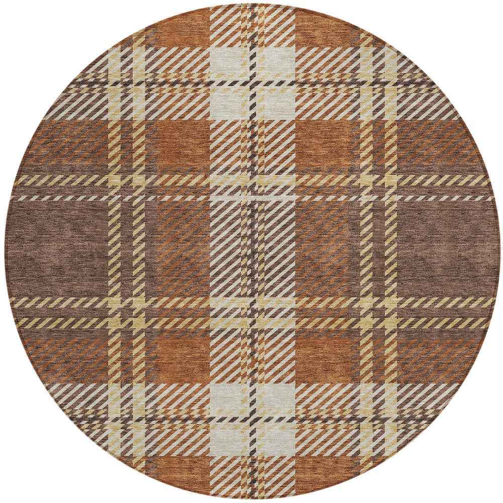 8' Chocolate Copper And Gold Round Plaid Washable Indoor Outdoor Area Rug