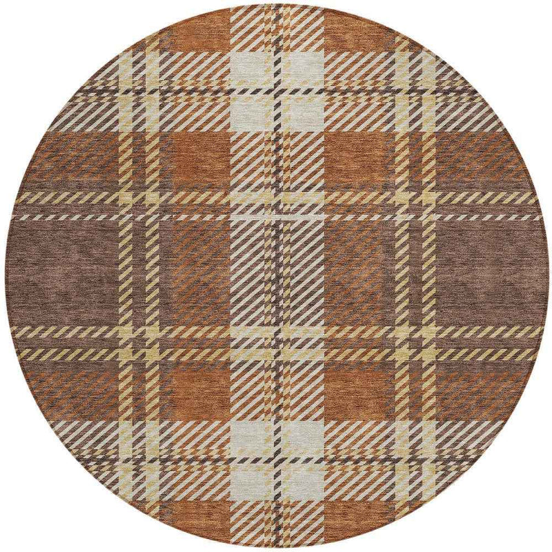 8' Chocolate Copper And Gold Round Plaid Washable Indoor Outdoor Area Rug