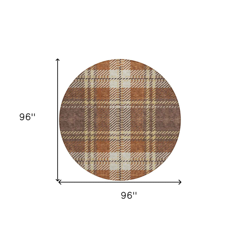 8' Chocolate Copper And Gold Round Plaid Washable Indoor Outdoor Area Rug