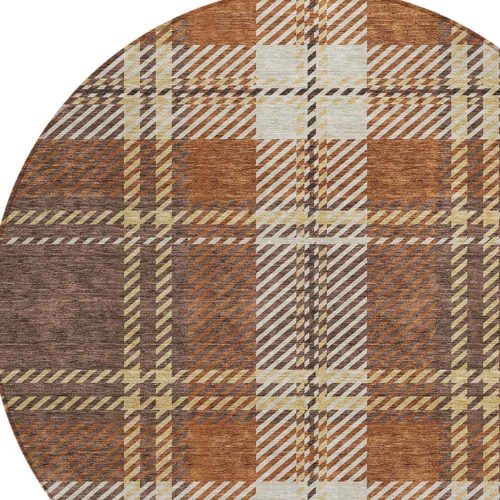 8' Chocolate Copper And Gold Round Plaid Washable Indoor Outdoor Area Rug