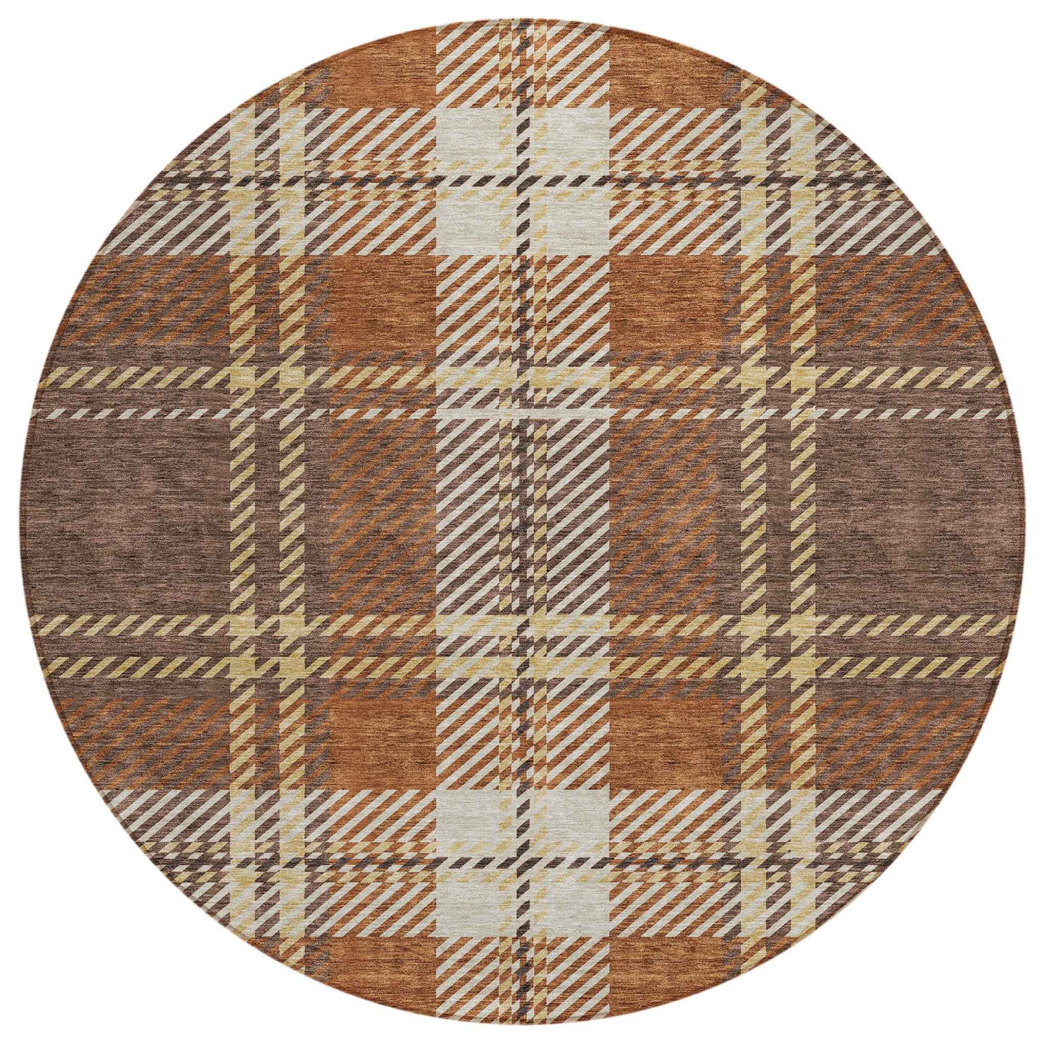 8' Chocolate Copper And Gold Round Plaid Washable Indoor Outdoor Area Rug