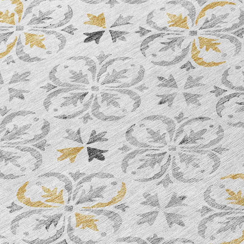 8' X 10' Silver Gray And Gold Floral Washable Indoor Outdoor Area Rug