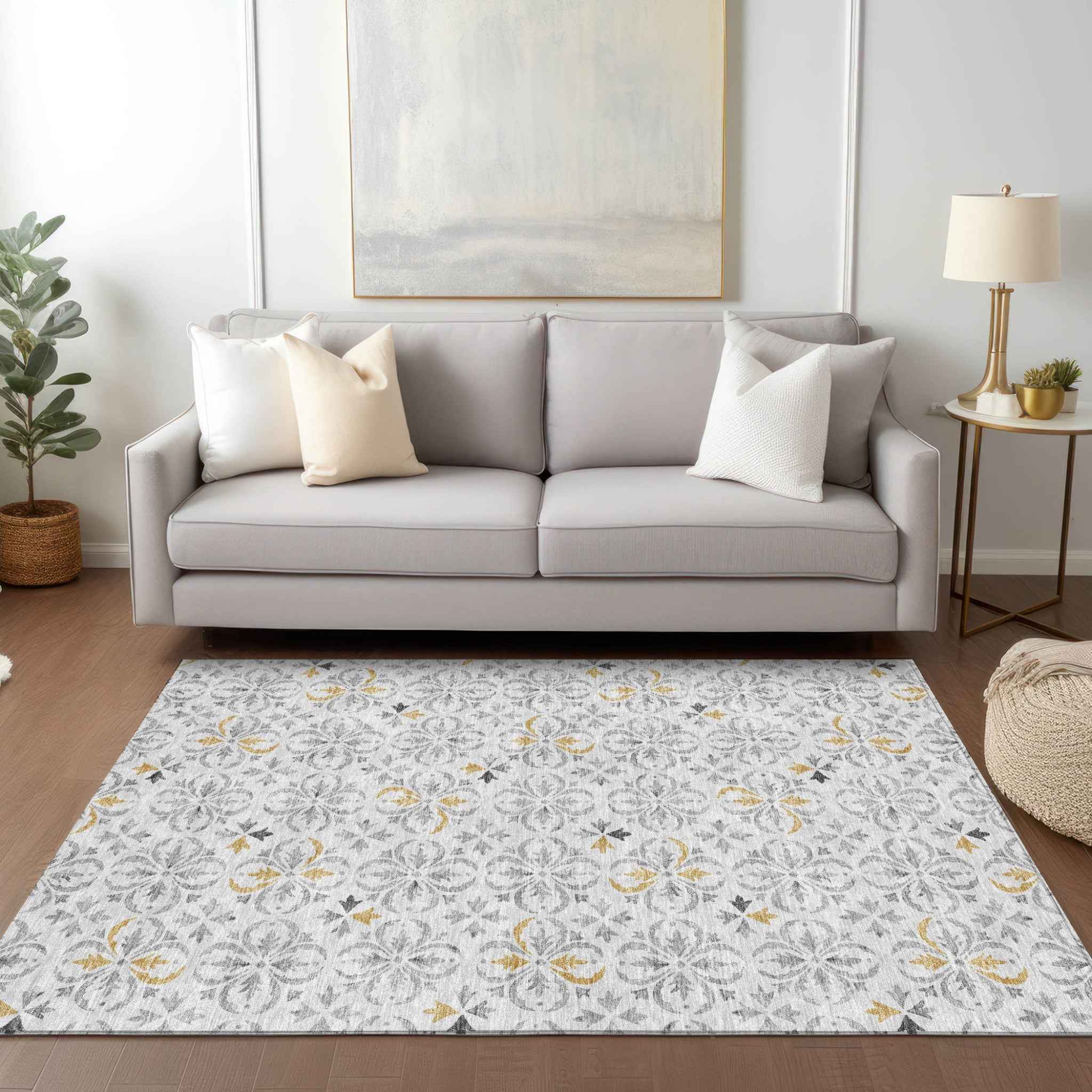 8' X 10' Silver Gray And Gold Floral Washable Indoor Outdoor Area Rug