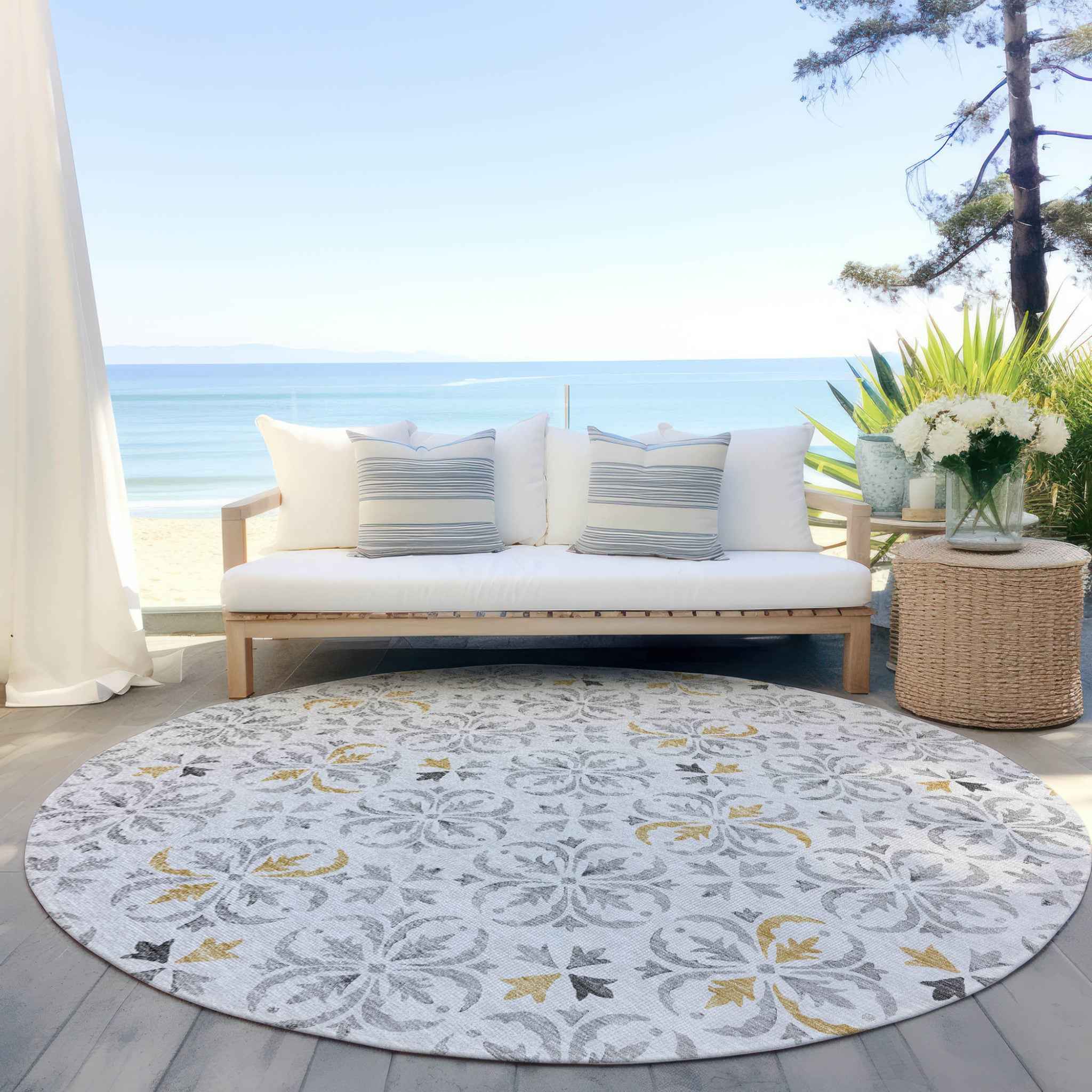 8' Silver Gray And Gold Round Floral Washable Indoor Outdoor Area Rug