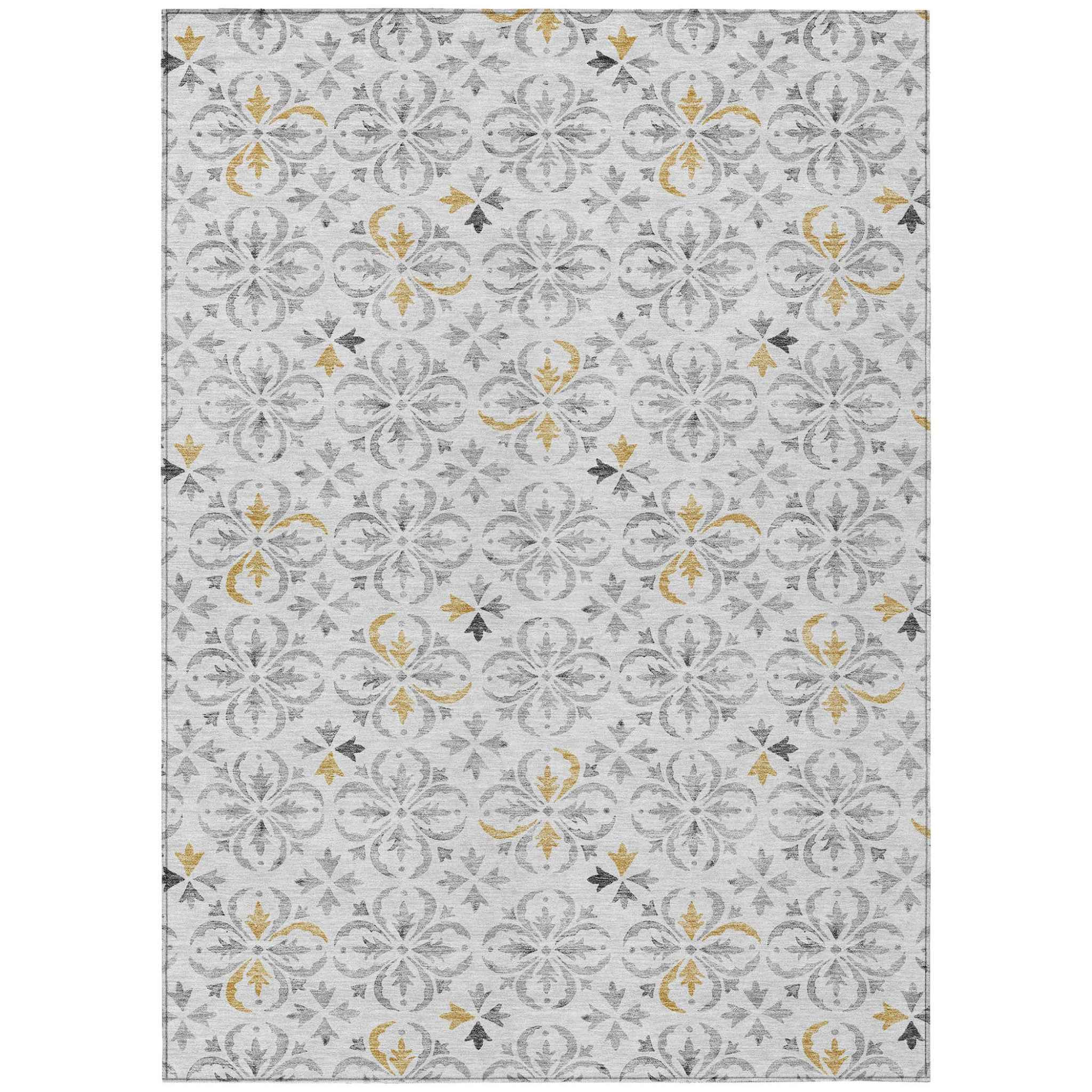 8' X 10' Silver Gray And Gold Floral Washable Indoor Outdoor Area Rug