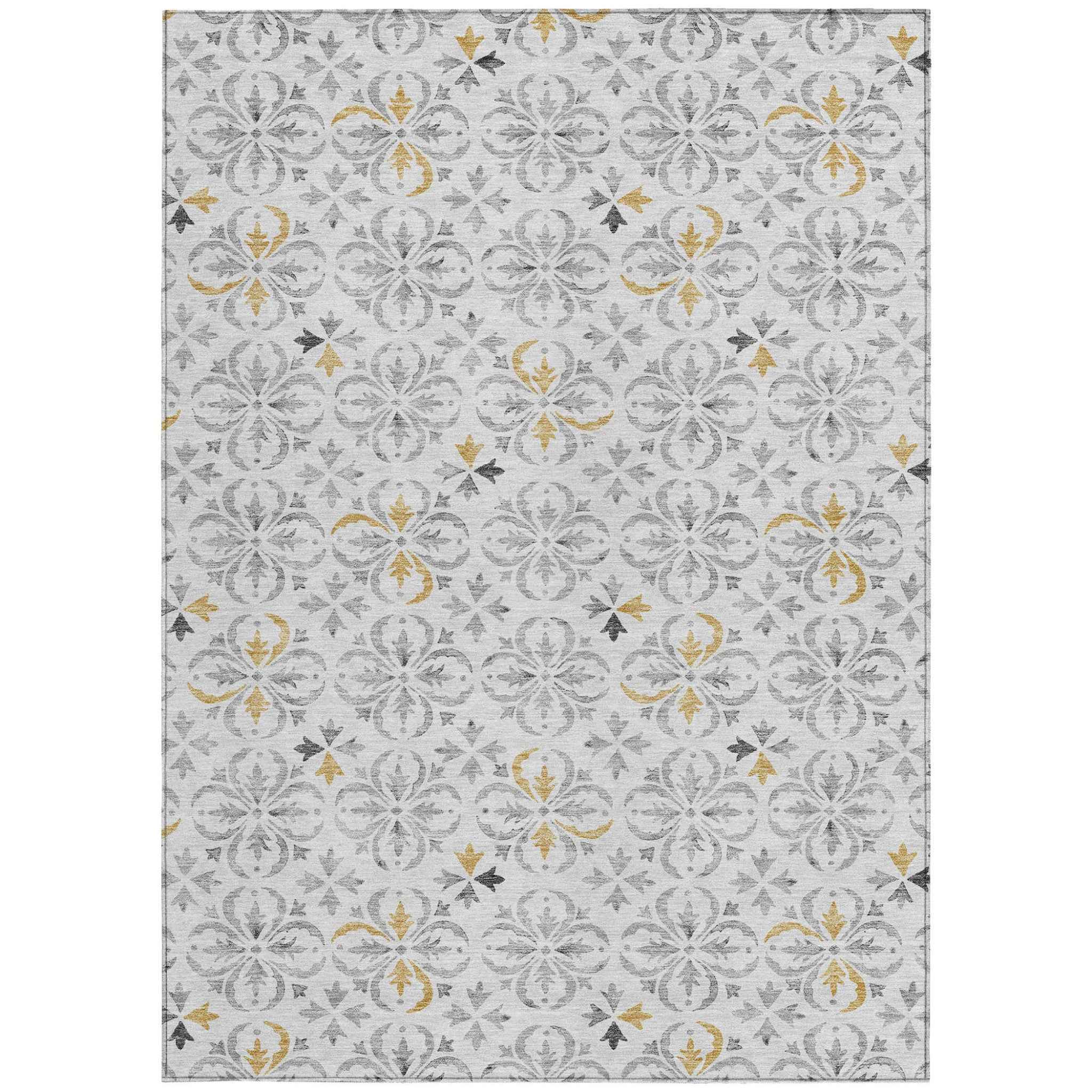 8' X 10' Silver Gray And Gold Floral Washable Indoor Outdoor Area Rug
