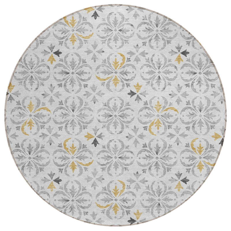 8' Silver Gray And Gold Round Floral Washable Indoor Outdoor Area Rug