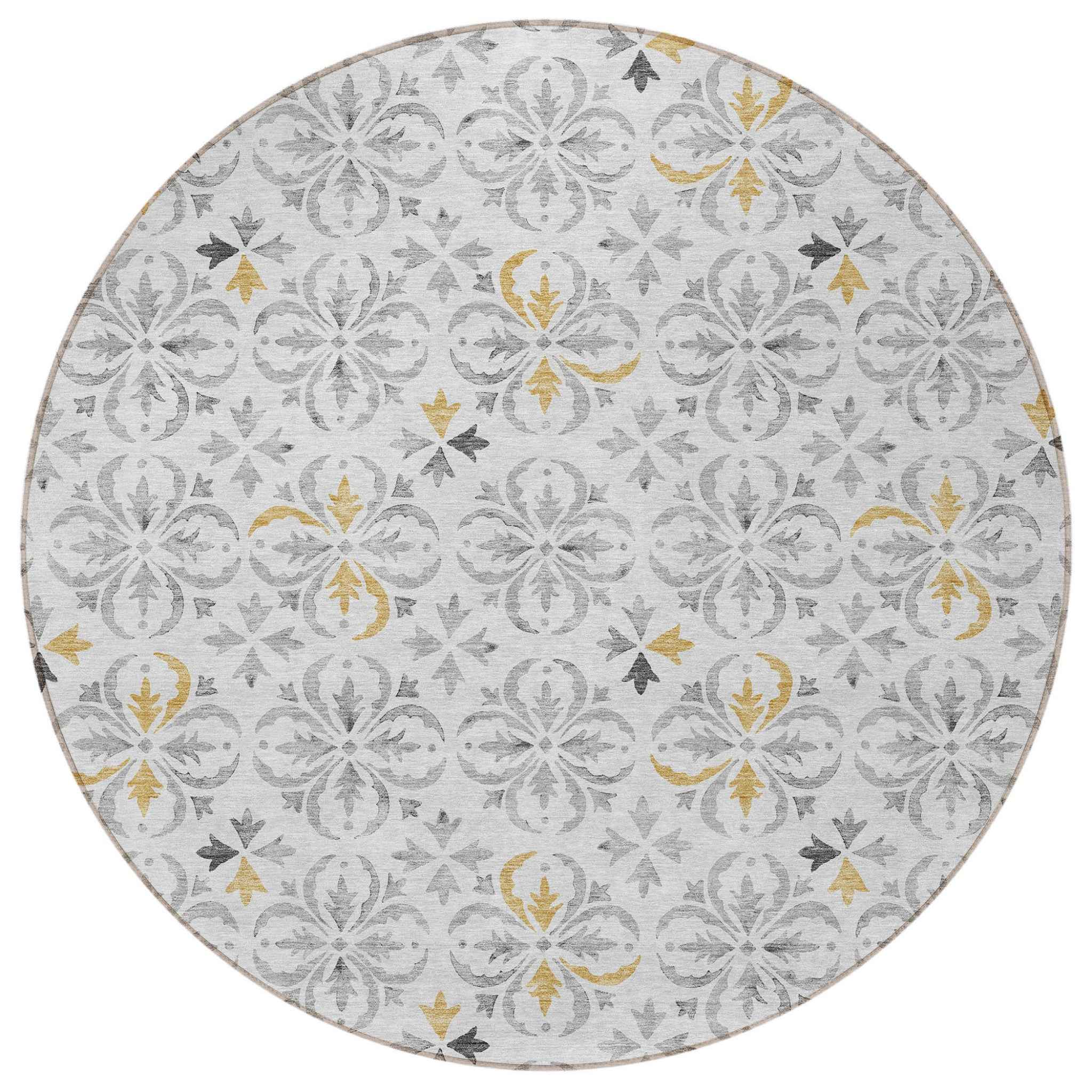 8' Silver Gray And Gold Round Floral Washable Indoor Outdoor Area Rug