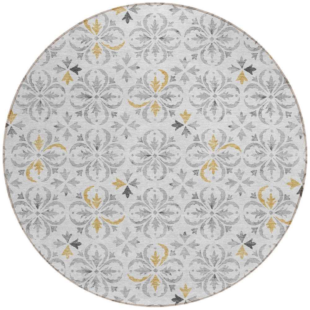 8' Silver Gray And Gold Round Floral Washable Indoor Outdoor Area Rug