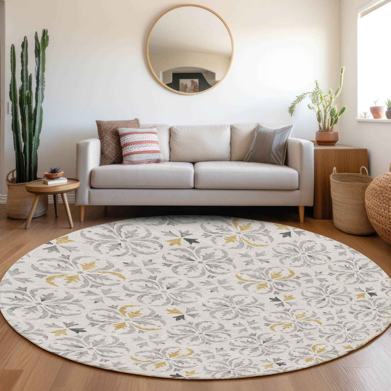 8' Silver Gray And Gold Round Floral Washable Indoor Outdoor Area Rug