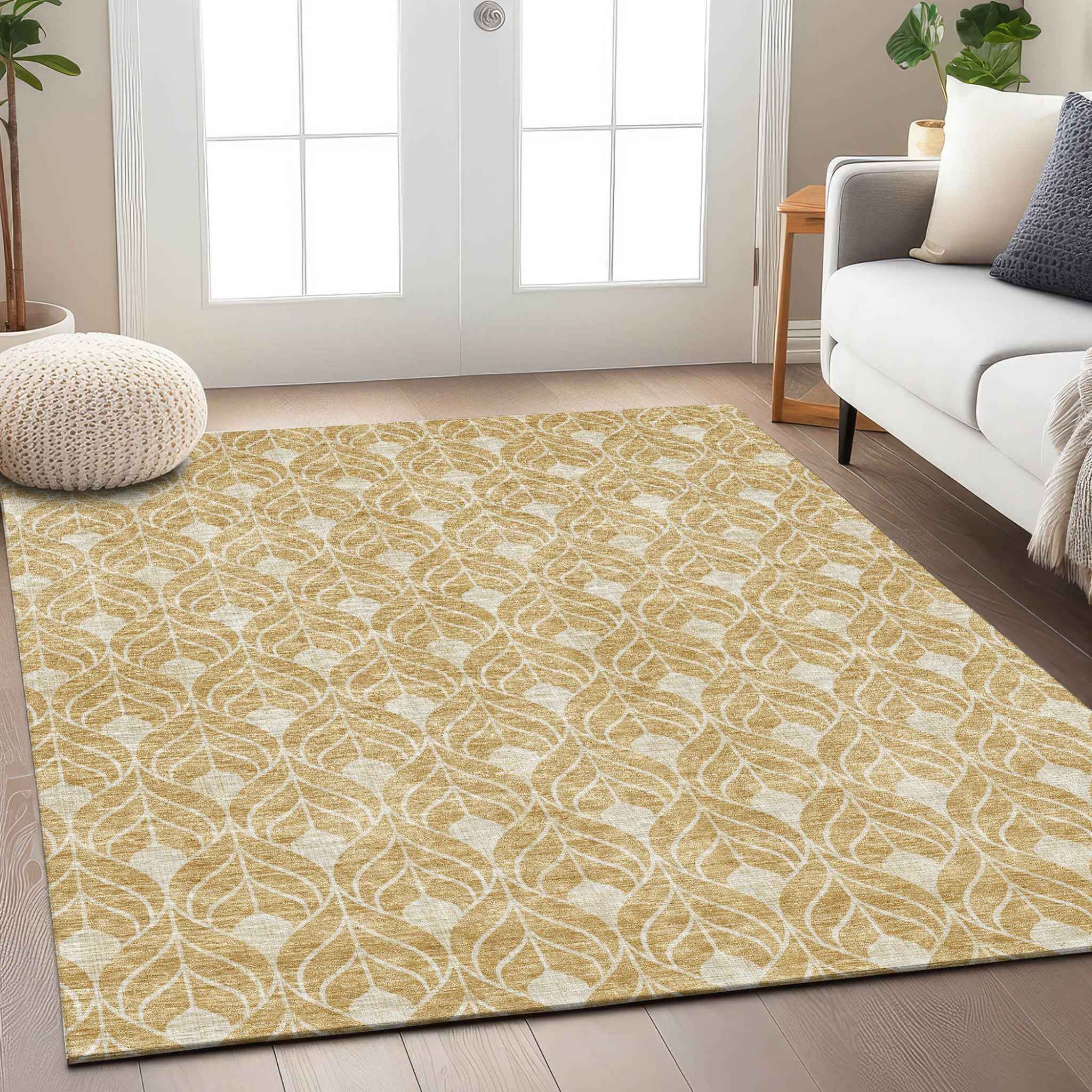3' X 5' Gold And Ivory Geometric Washable Indoor Outdoor Area Rug