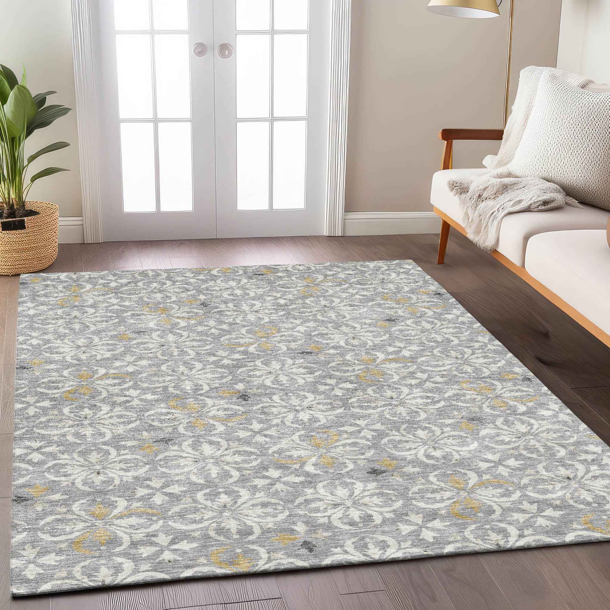 3' X 5' Gray Ivory And Brown Floral Washable Indoor Outdoor Area Rug