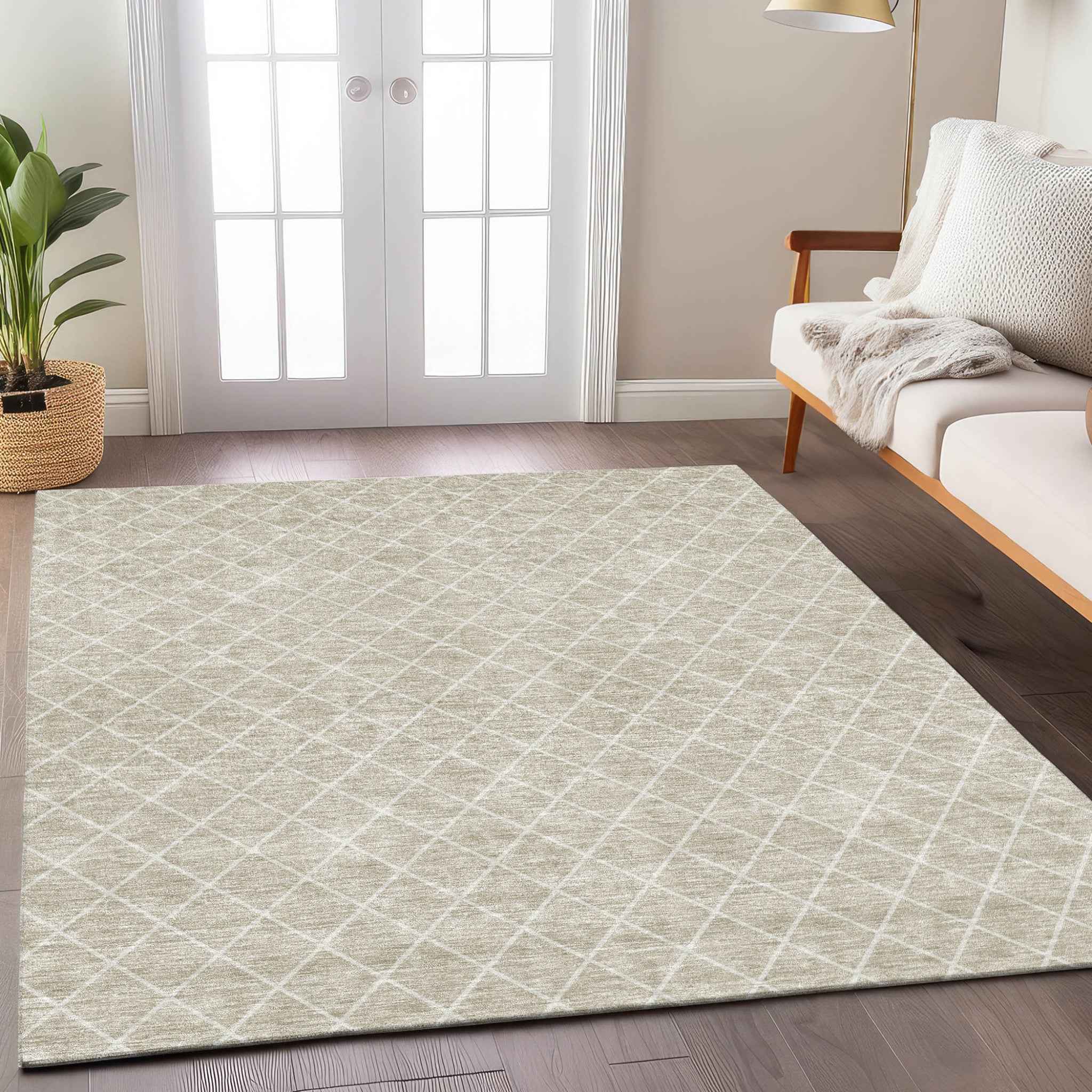 8' X 10' Beige And Ivory Geometric Washable Indoor Outdoor Area Rug