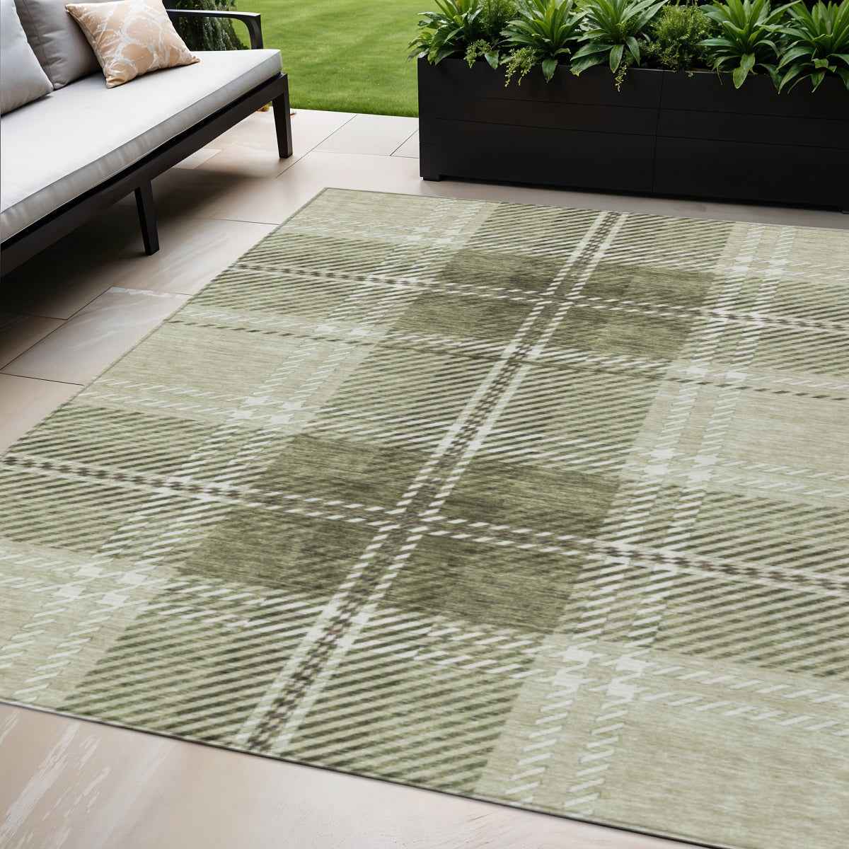 5' X 8' Artichoke Green Brown And Ivory Plaid Washable Indoor Outdoor Area Rug