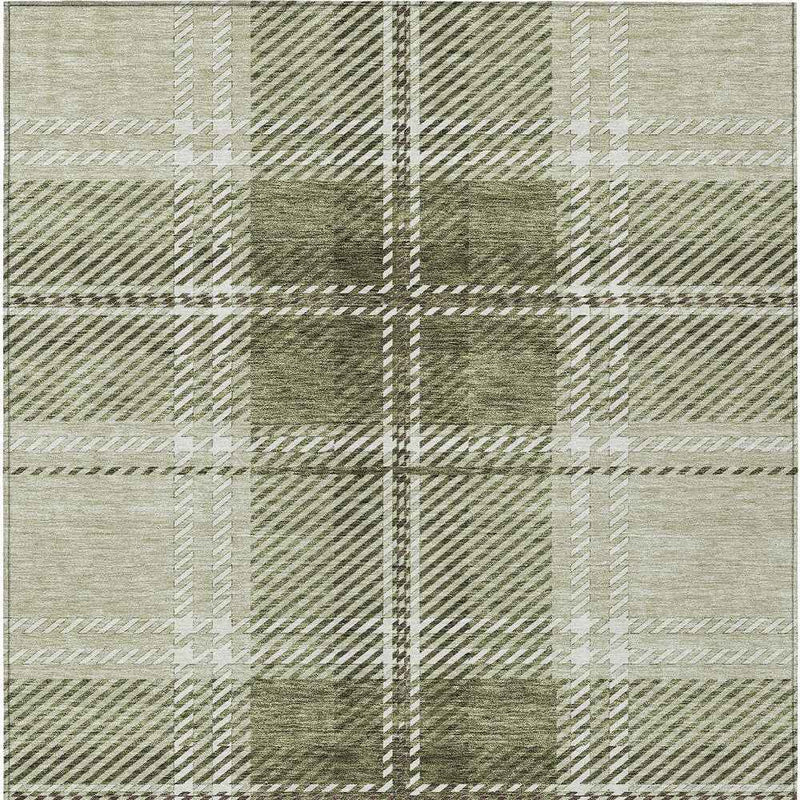 5' X 8' Artichoke Green Brown And Ivory Plaid Washable Indoor Outdoor Area Rug