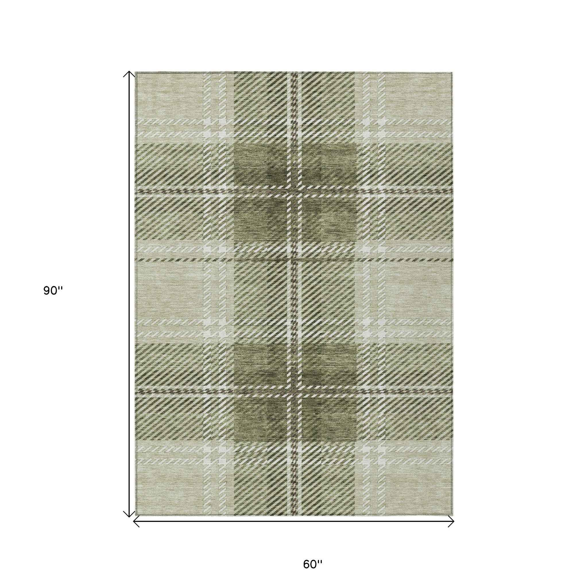 5' X 8' Artichoke Green Brown And Ivory Plaid Washable Indoor Outdoor Area Rug