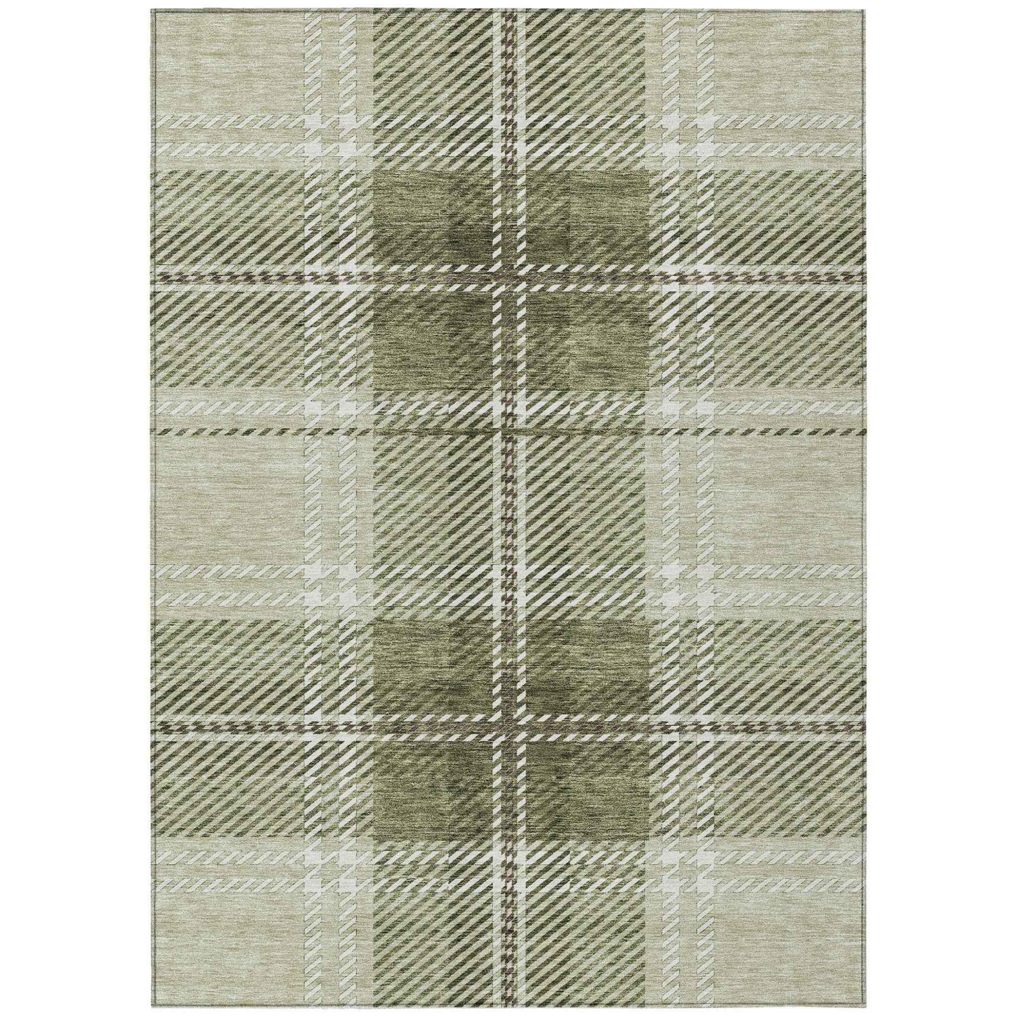 5' X 8' Artichoke Green Brown And Ivory Plaid Washable Indoor Outdoor Area Rug