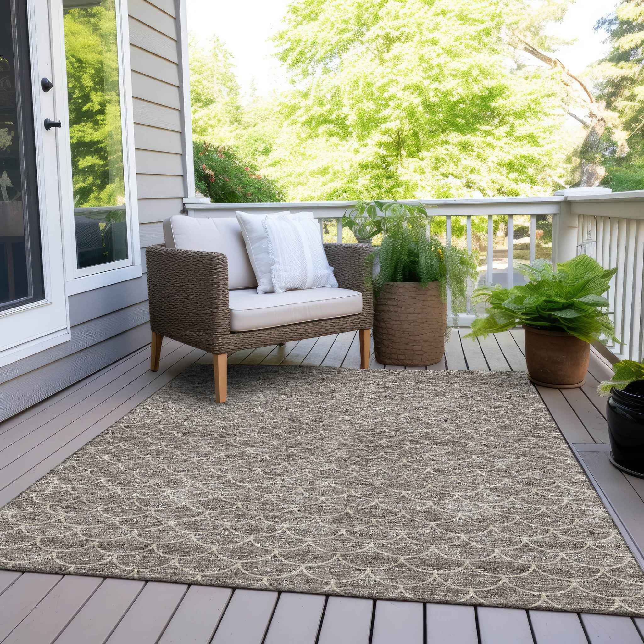5' X 8' Taupe And Beige Geometric Washable Indoor Outdoor Area Rug