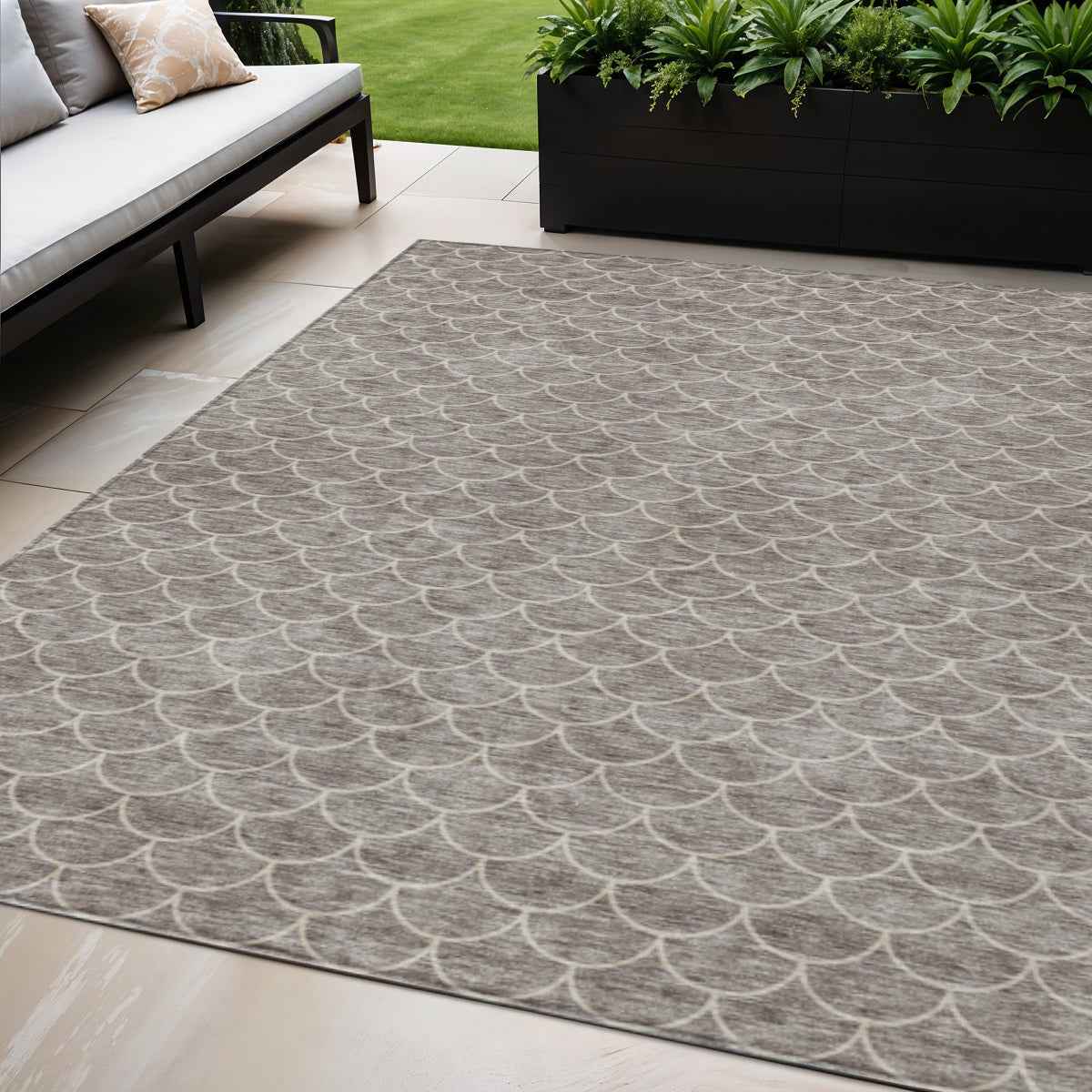 5' X 8' Taupe And Beige Geometric Washable Indoor Outdoor Area Rug