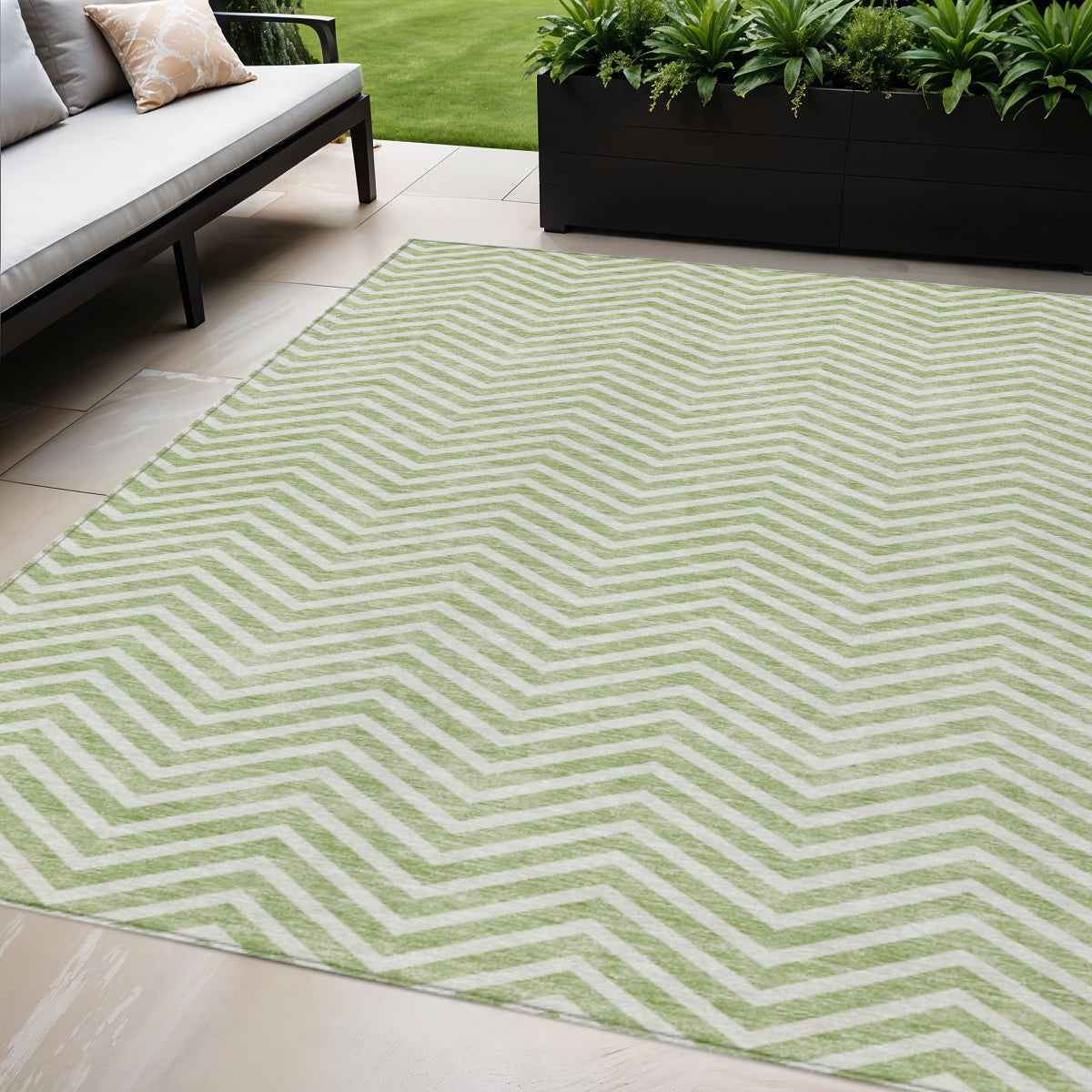 5' X 8' Artichoke Green And Ivory Chevron Washable Indoor Outdoor Area Rug