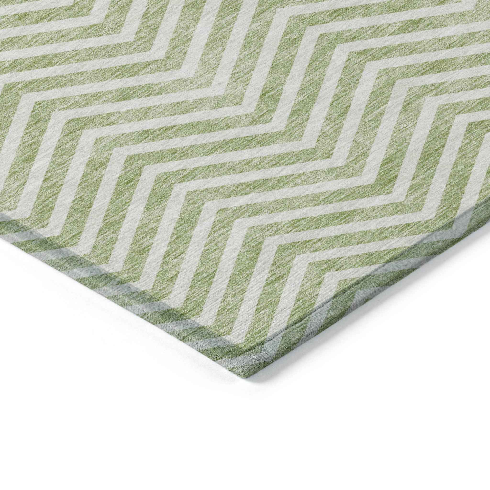5' X 8' Artichoke Green And Ivory Chevron Washable Indoor Outdoor Area Rug