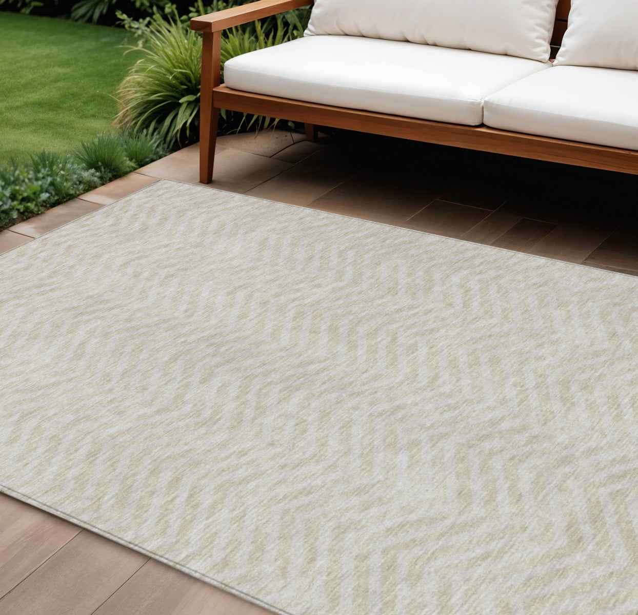8' X 10' Beige And Gray Chevron Washable Indoor Outdoor Area Rug