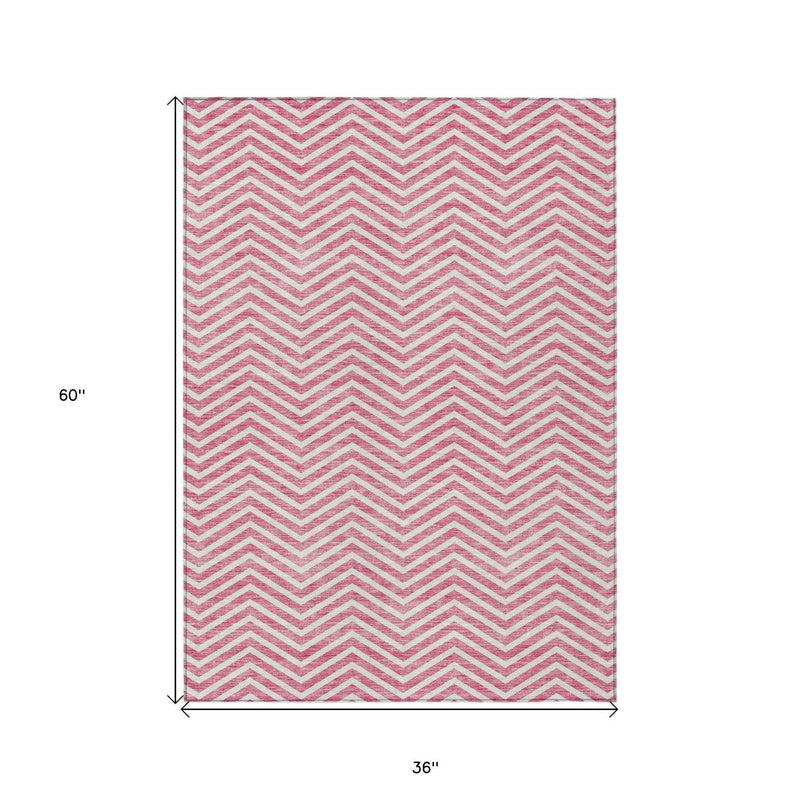 3' X 5' Pink And Ivory Chevron Washable Indoor Outdoor Area Rug