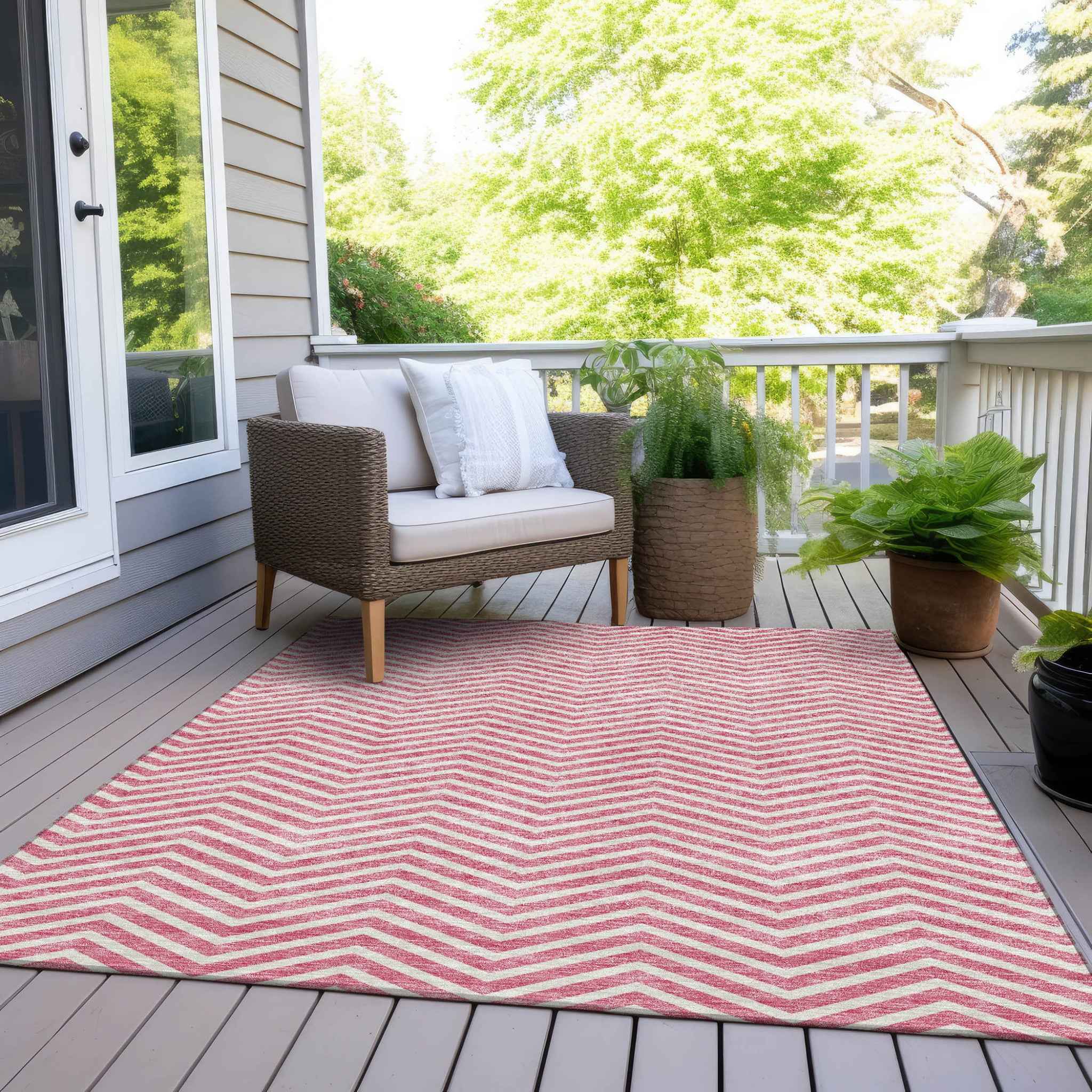 3' X 5' Pink And Ivory Chevron Washable Indoor Outdoor Area Rug