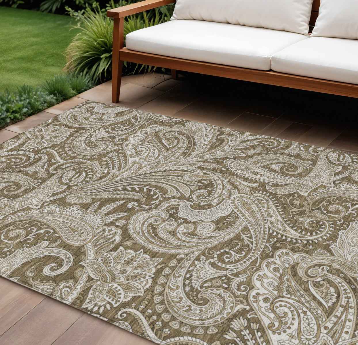 8' X 10' Chocolate Beige And Ivory Paisley Washable Indoor Outdoor Area Rug