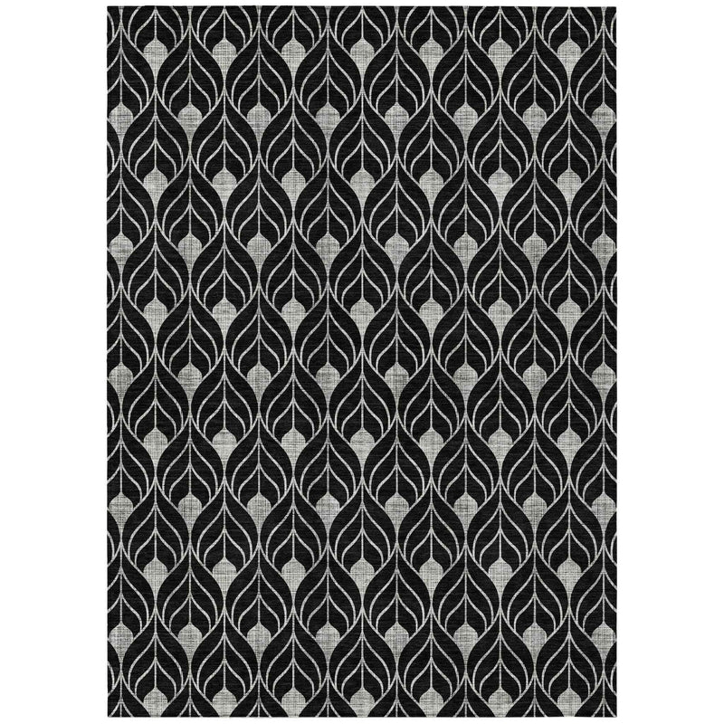 10' X 14' Black And Ivory Geometric Washable Indoor Outdoor Area Rug