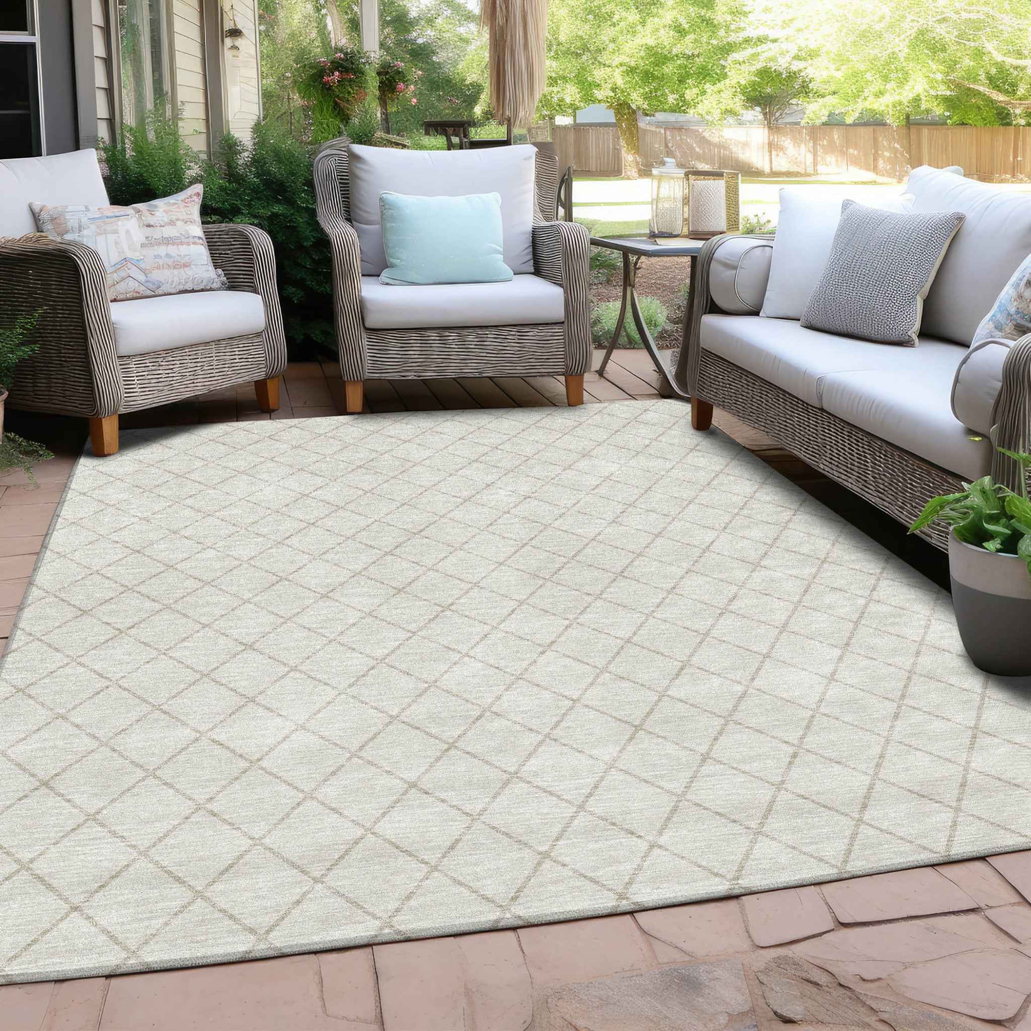 3' X 5' Ivory And Beige Geometric Washable Indoor Outdoor Area Rug