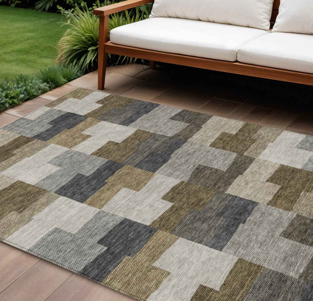 8' X 10' Brown Beige And Ivory Geometric Washable Indoor Outdoor Area Rug