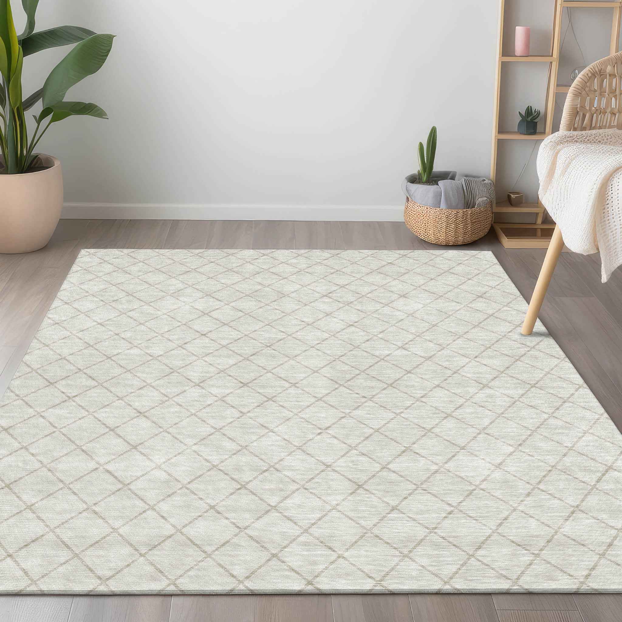 5' X 8' Ivory And Beige Geometric Washable Indoor Outdoor Area Rug