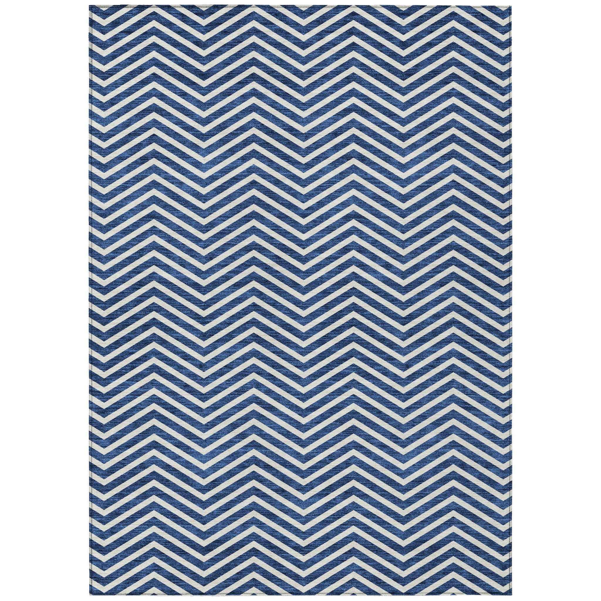8' X 10' Blue And Ivory Chevron Washable Indoor Outdoor Area Rug