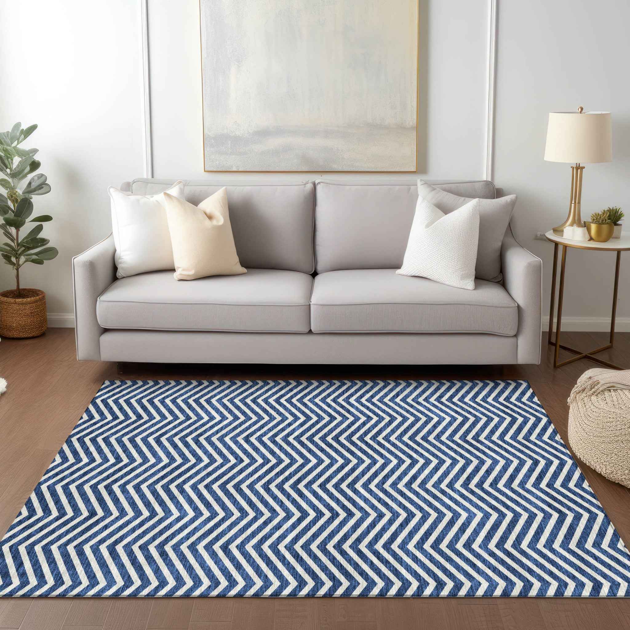 8' X 10' Blue And Ivory Chevron Washable Indoor Outdoor Area Rug