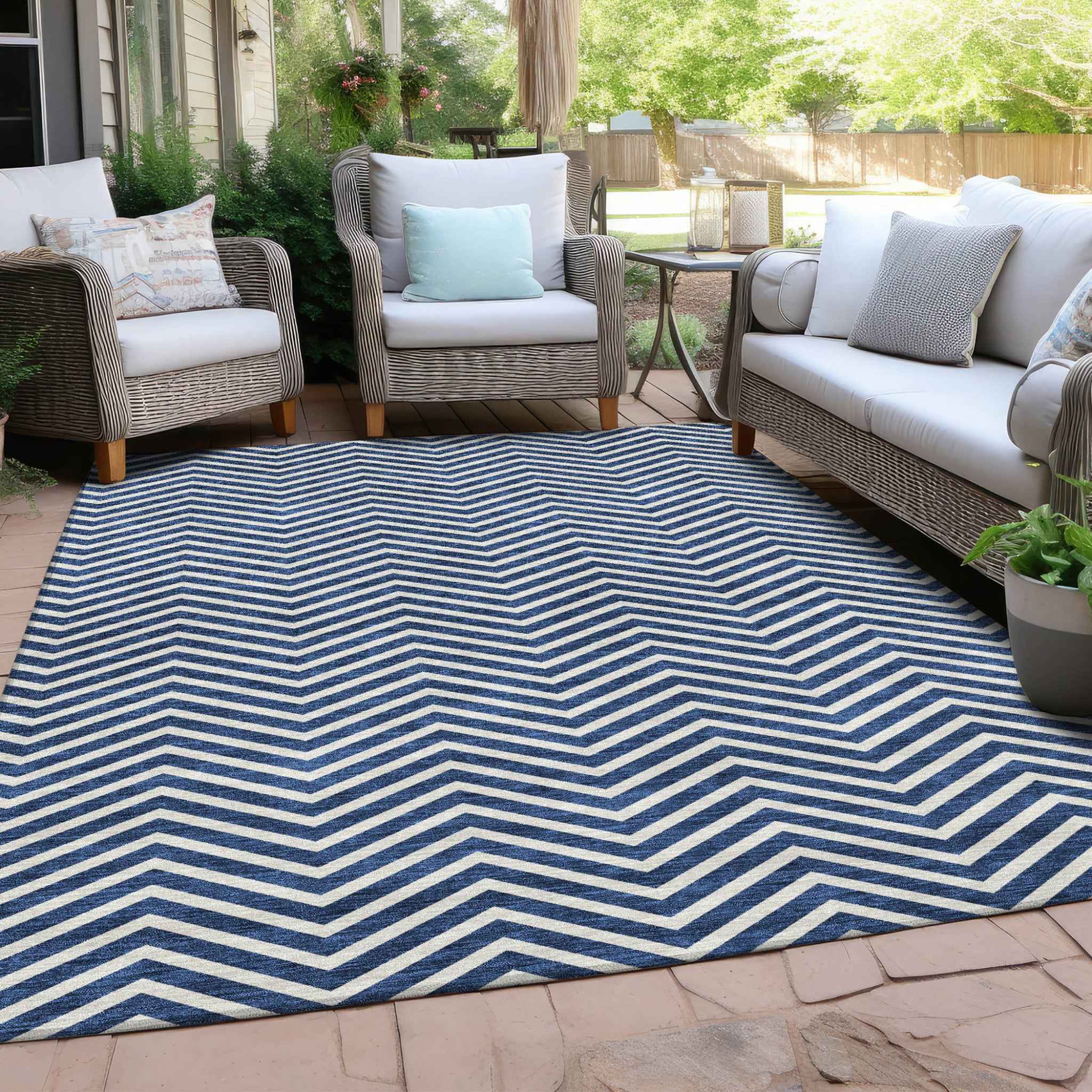 8' X 10' Blue And Ivory Chevron Washable Indoor Outdoor Area Rug