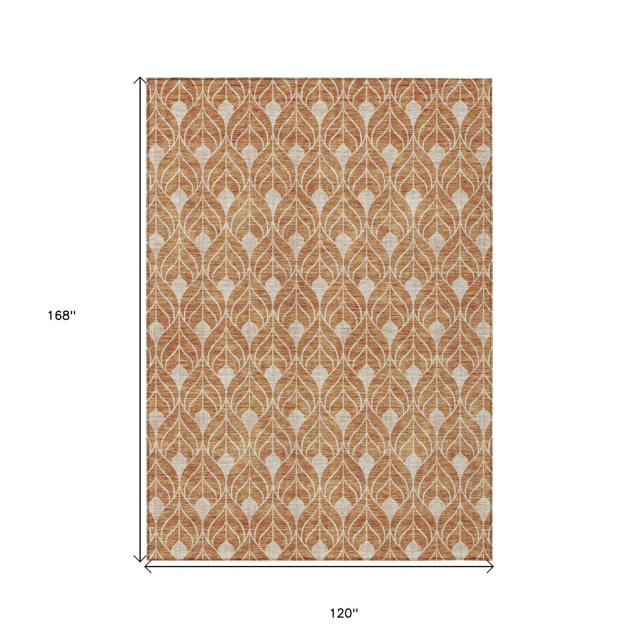 10' X 14' Copper And Beige Geometric Washable Indoor Outdoor Area Rug