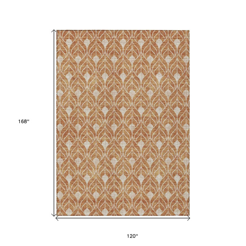 10' X 14' Copper And Beige Geometric Washable Indoor Outdoor Area Rug
