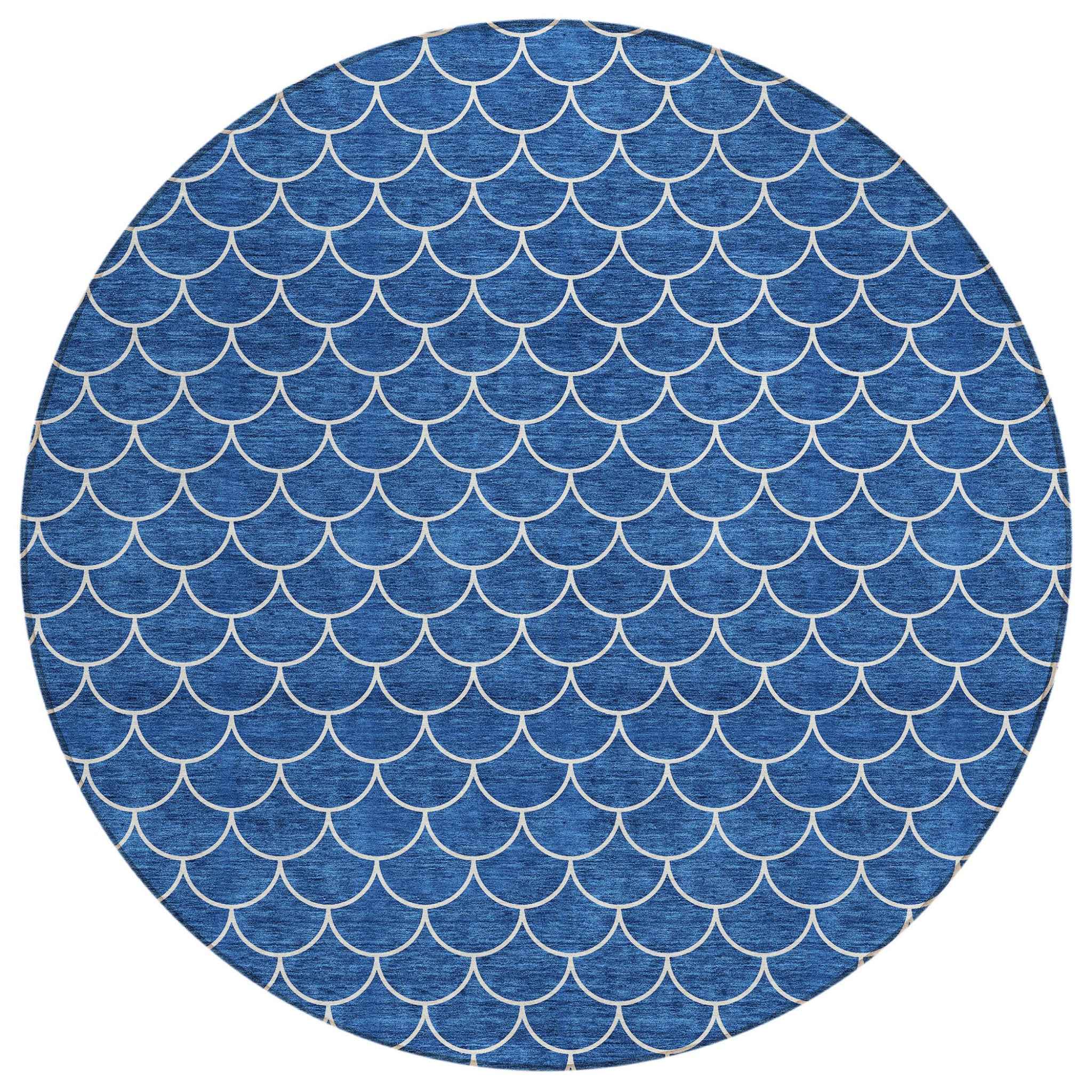 8' Blue And Ivory Round Geometric Washable Indoor Outdoor Area Rug