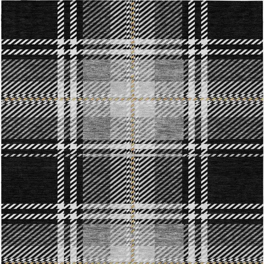9' X 12' Black Gold And Gray Plaid Washable Indoor Outdoor Area Rug